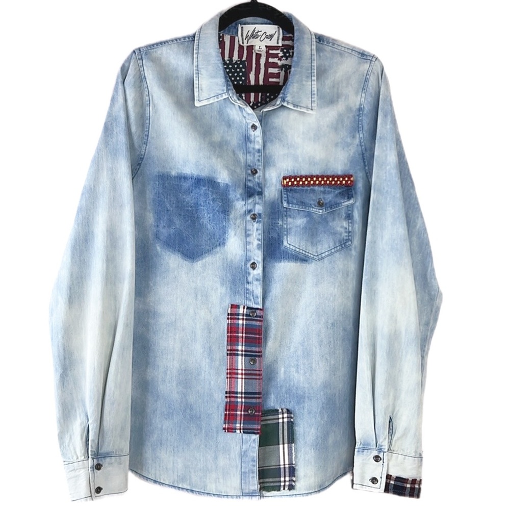 White Crow Buckle Blue Red Flannel Patchwork Button‎ Down Long Sleeve Shirt L - Picture 9 of 9
